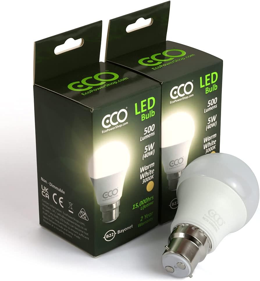 ECO 40W 2 Pin Bayonet B22 Energy Saving LED Light Bulbs, Low Energy 5W LED, Bright 500 Lumens, 15,000Hrs Lifetime.