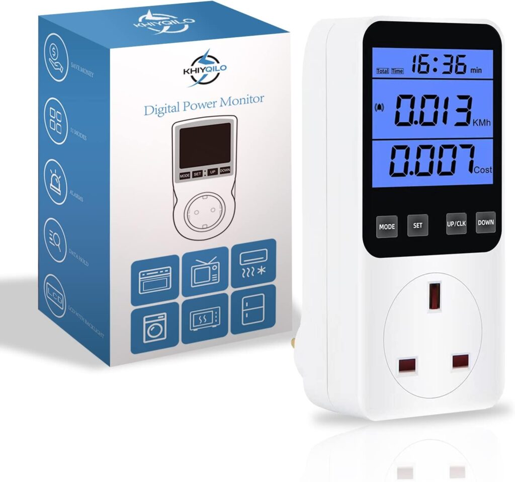 KHIYQILO Power Meter Plug Energy Monitor Watt Meter Power Consumption Electricity Usage UK Plug Energy Saving LCD Display