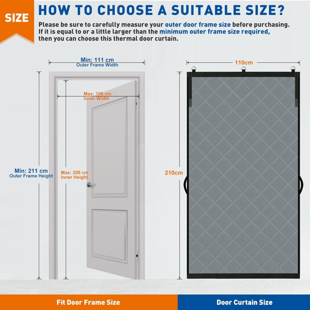 MAGZO Thermal Insulated Door Curtain 110 X 210 cm, Stop Drafts Anti Dust Rain Snow, Energy Saving and Odour-Proof, Grey