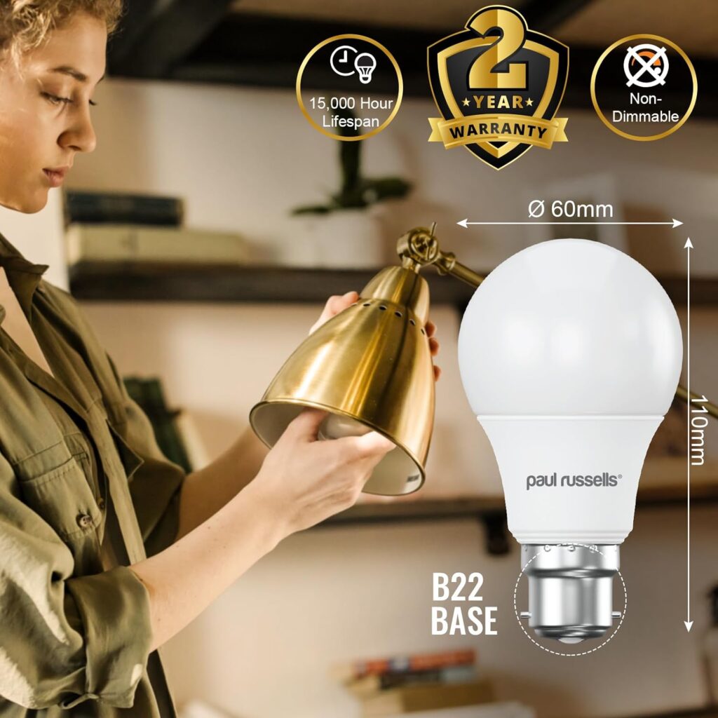 paul russells LED Light Bulbs Bayonet Cap B22, 60w Bulb, 10W 806LM LED Bulbs, 3000K Warm White, Classic Frosted A60 BC GLS Standard Energy Saving Light Bulbs, Pack of 6